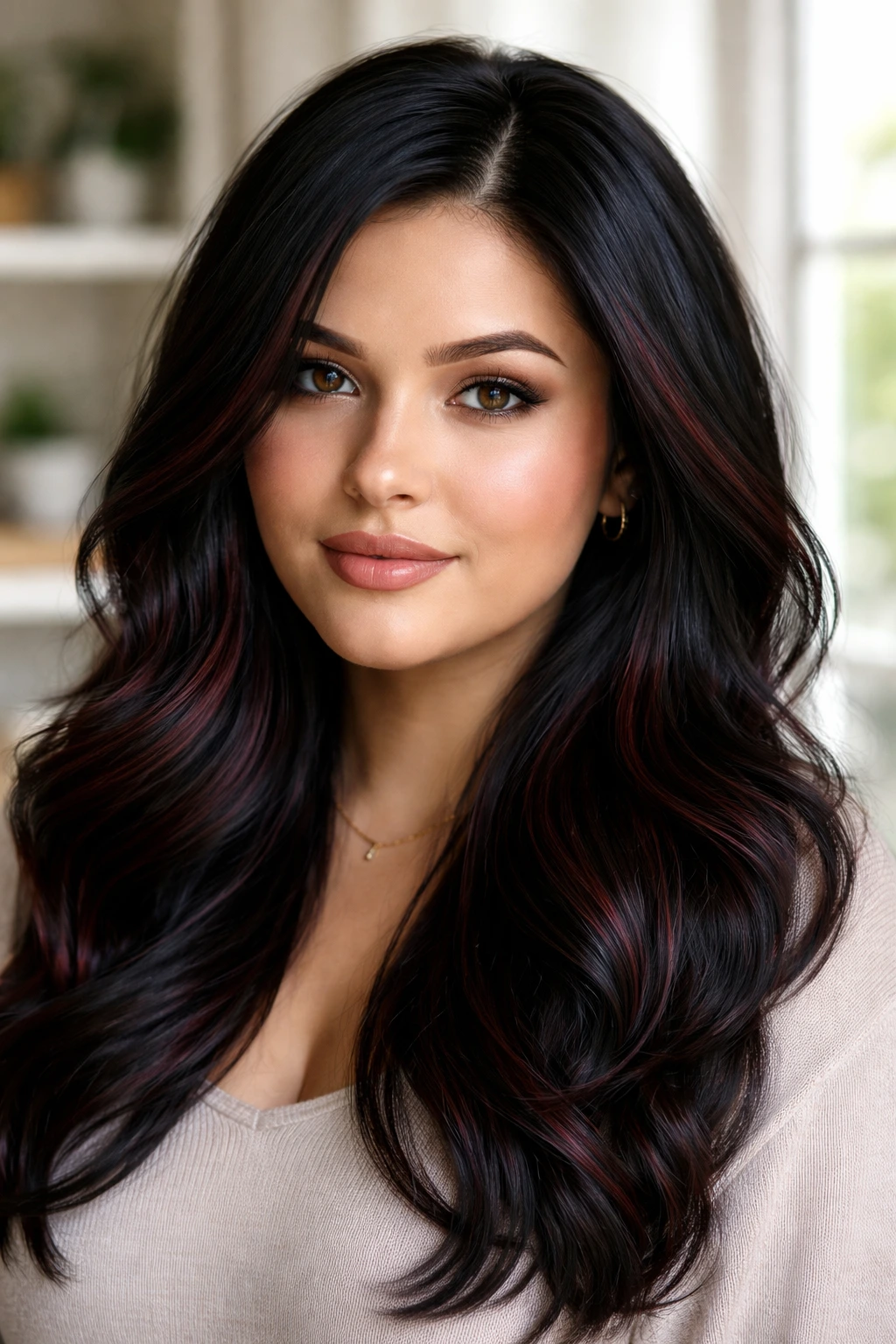 Woman with subtle dark-red dimensional lowlights in black hair
