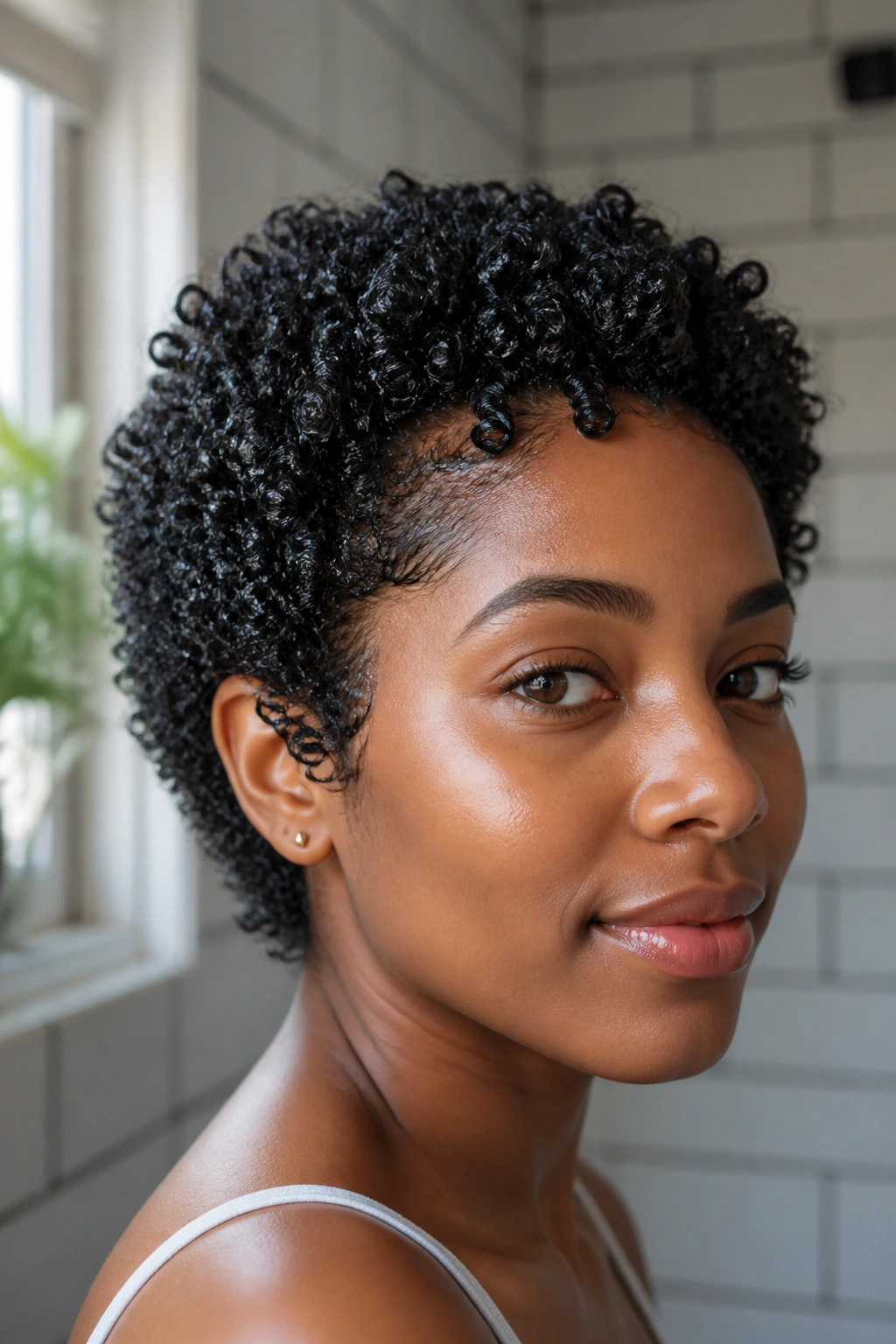 Close-up of a real woman with defined wash-and-go curls on damp 4C hair, natural window light