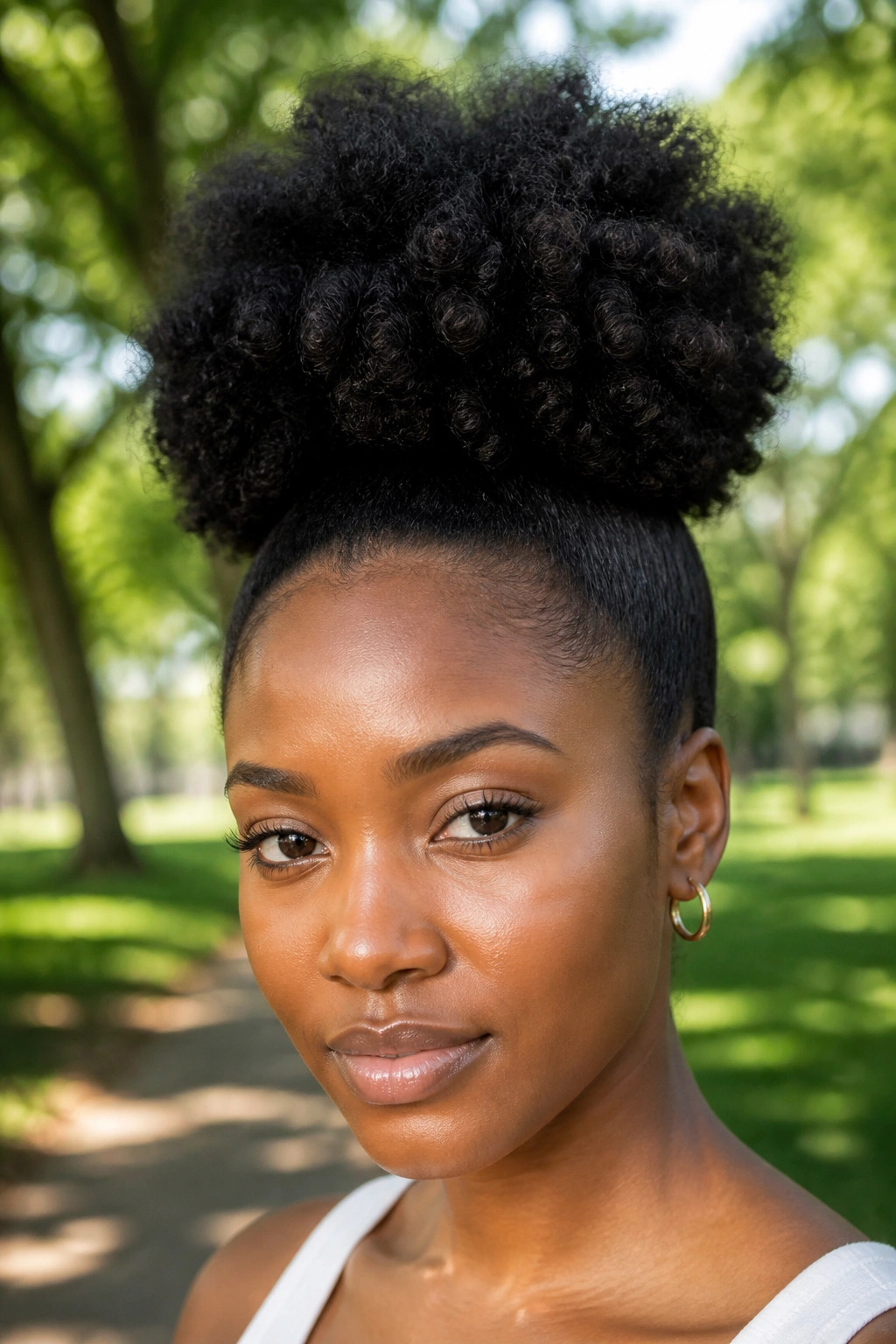 Close-up of a real woman with a voluminous high puff at the crown, 4C hair outdoors