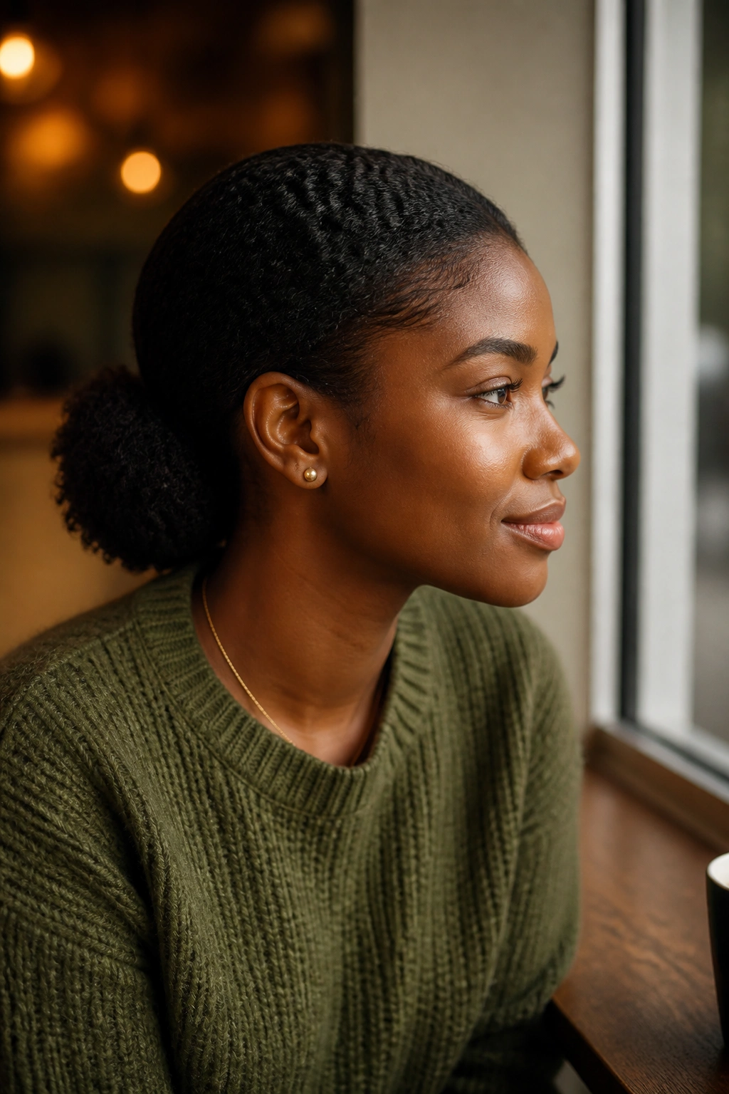 Close-up of a real woman with a low puff at the nape, smooth front