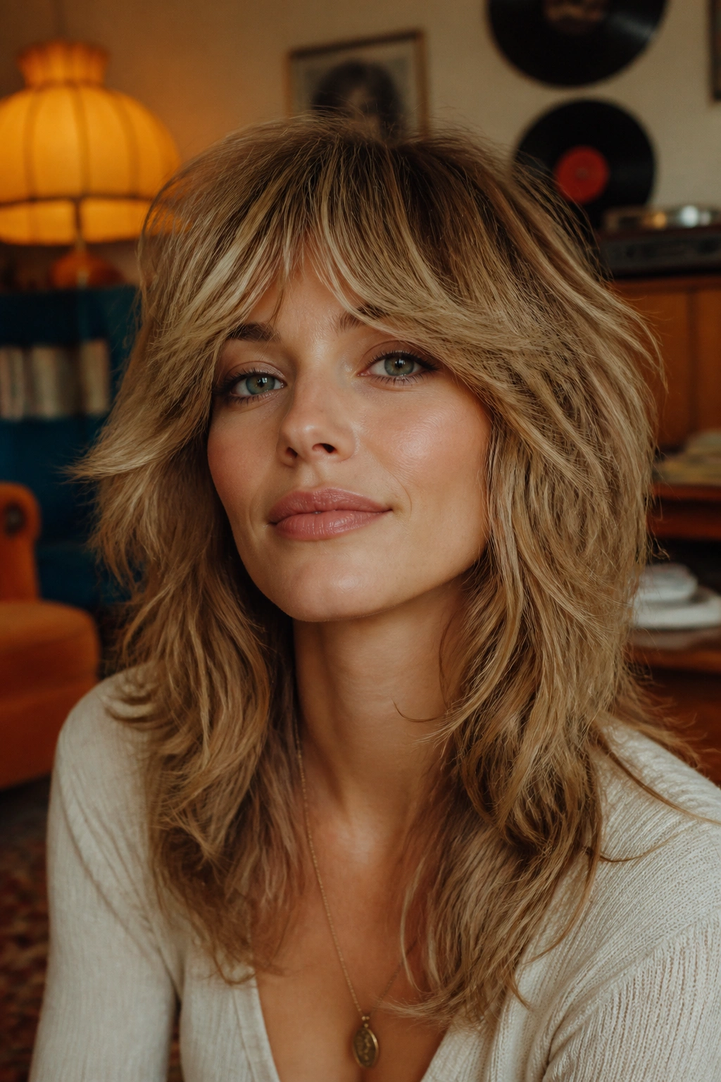 Close-up portrait of a real woman with feathered bangs in a 70s-inspired shag