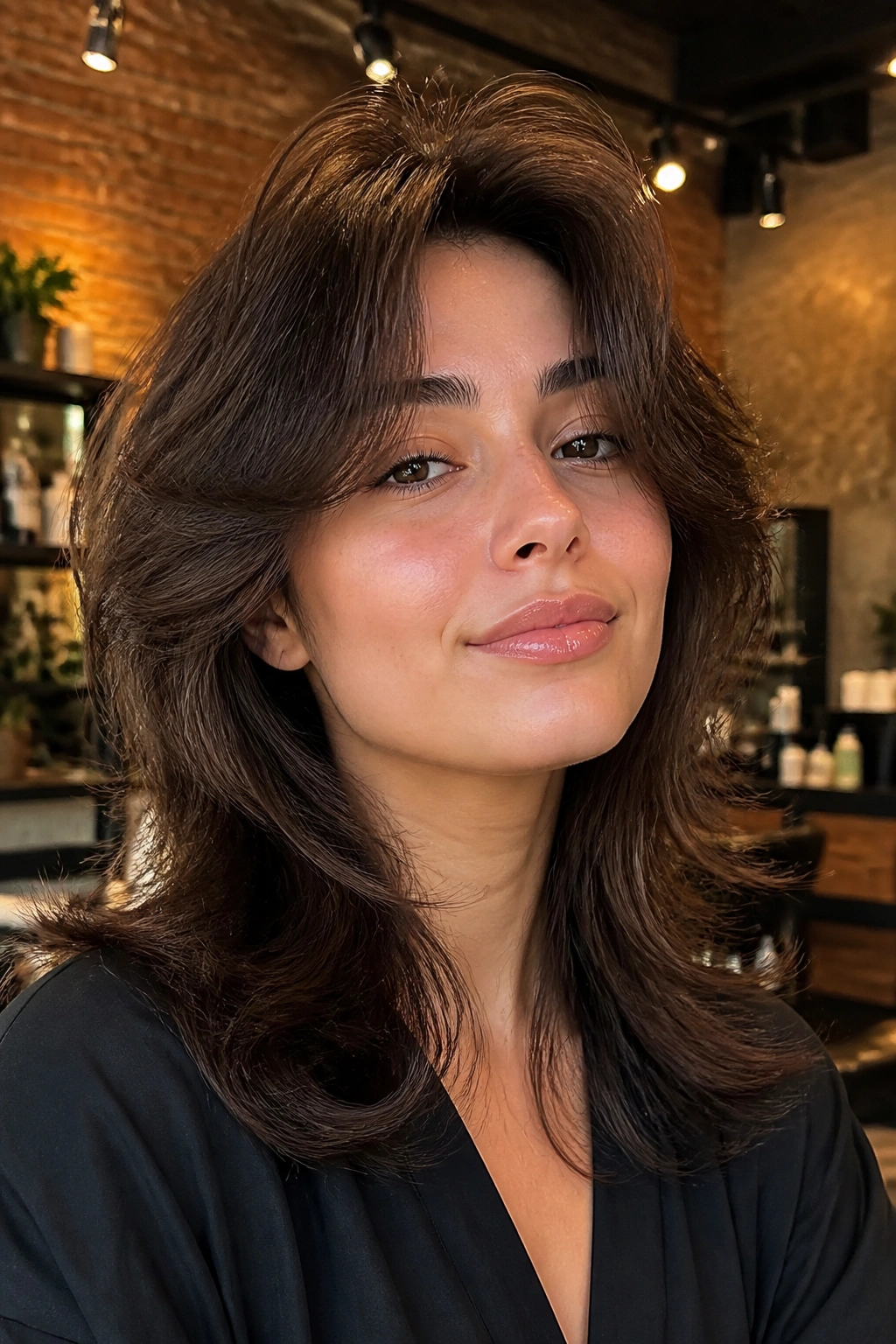 Real person with 90s blowout wolf cut in warm salon lighting