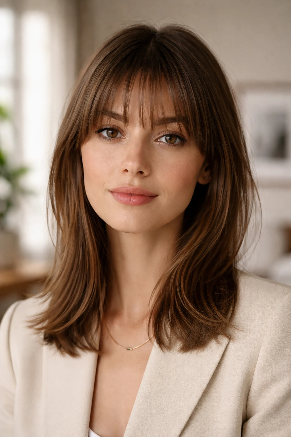 Close-up portrait of a real person with 90s minimalist fringe in a soft-lit room