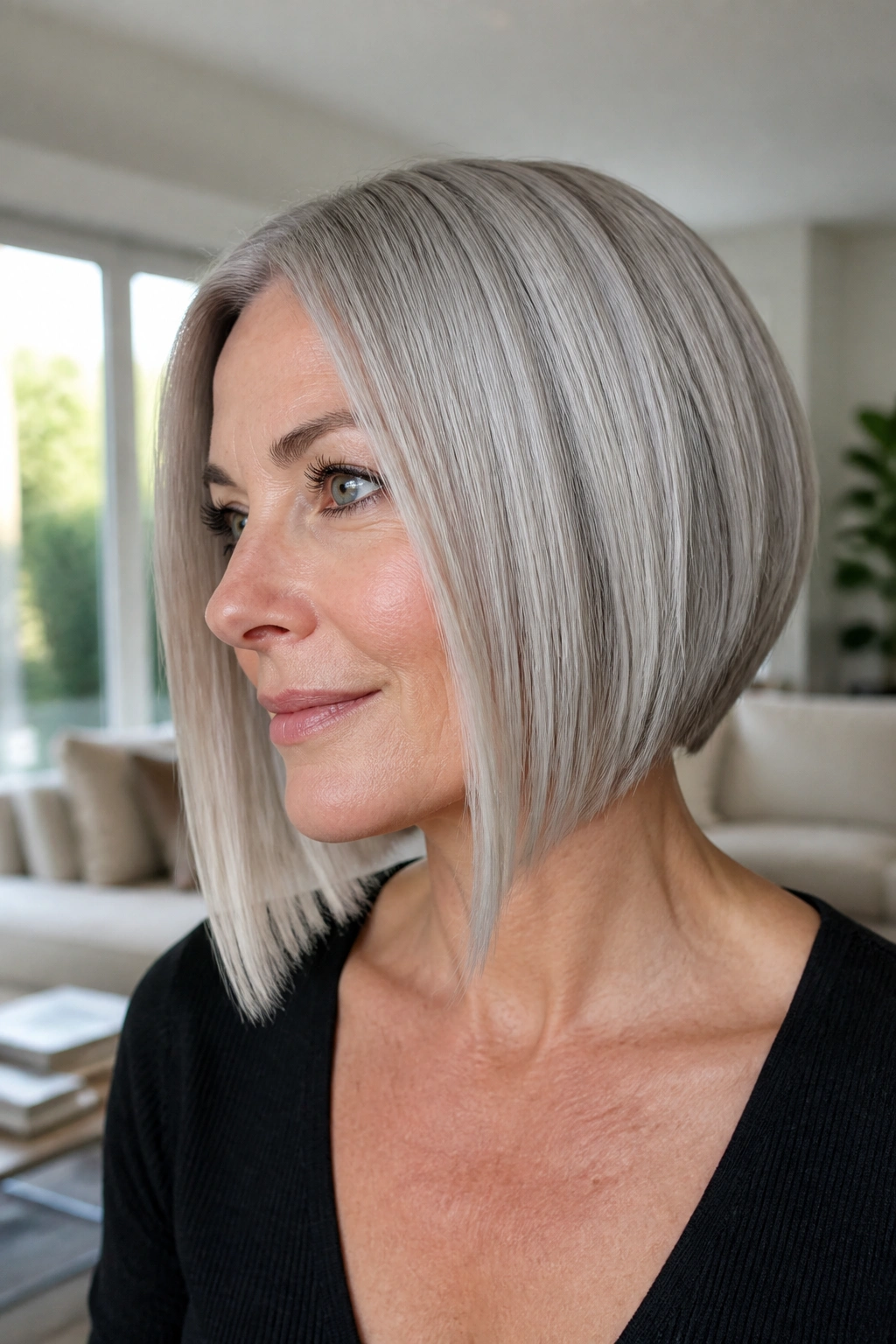 Close-up of real woman with A-line ash-silver bob and longer front pieces