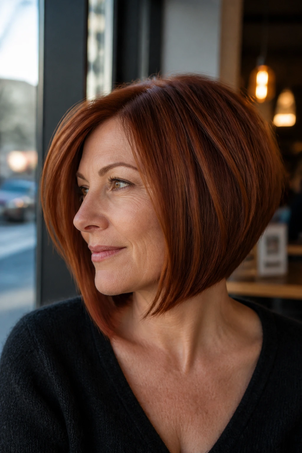 Close-up portrait of real woman with A-line auburn bob indoors at cafe window