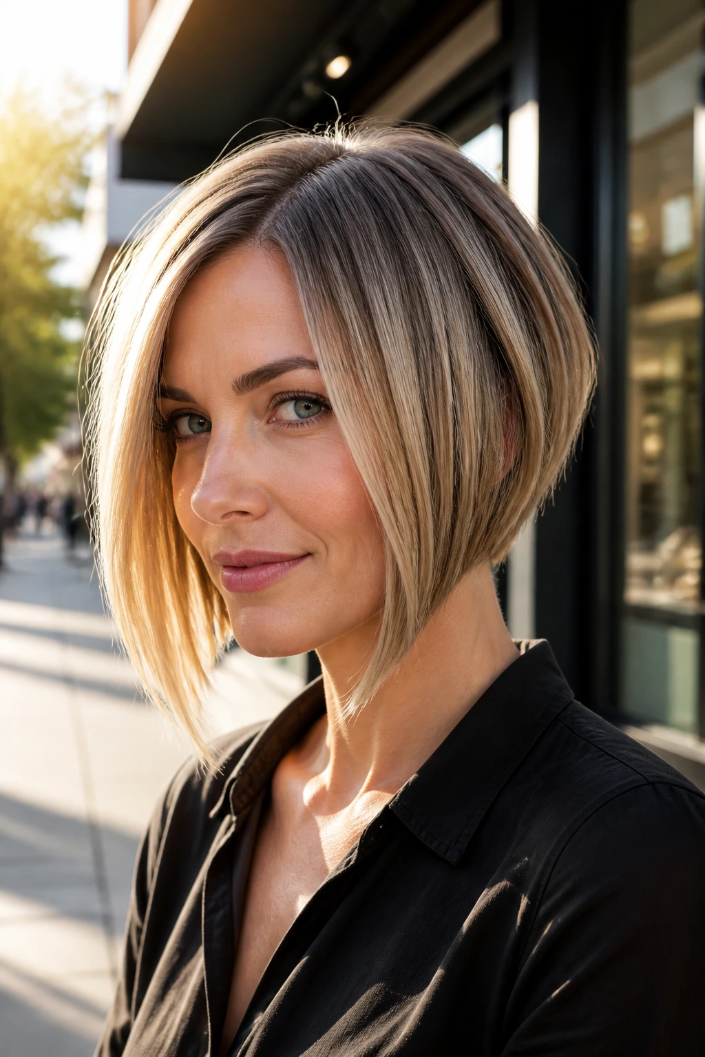 Real woman wearing an A-line bob with angled front