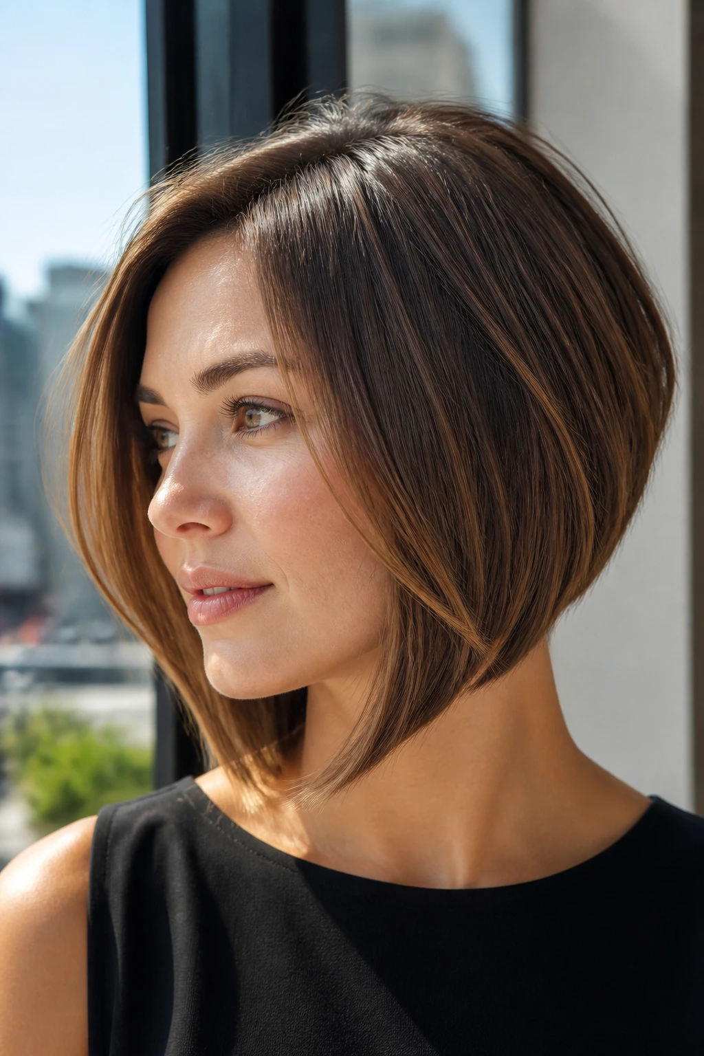 Close-up portrait of a real woman with an A-line bob and beveled ends