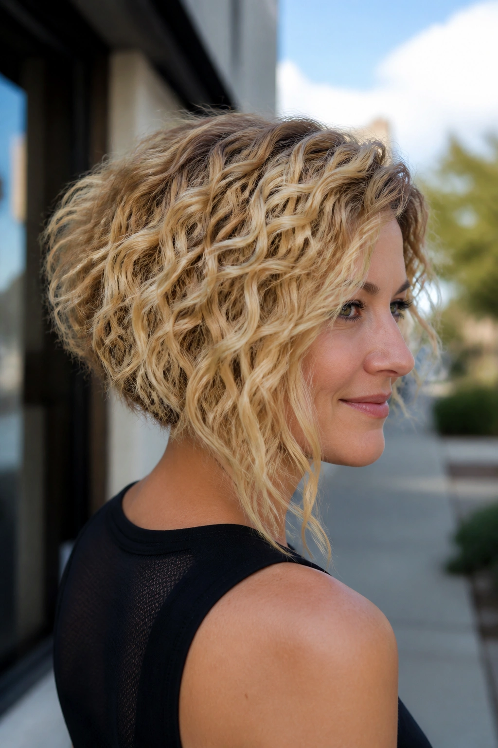 Portrait of a real woman with an A-line curly blonde bob