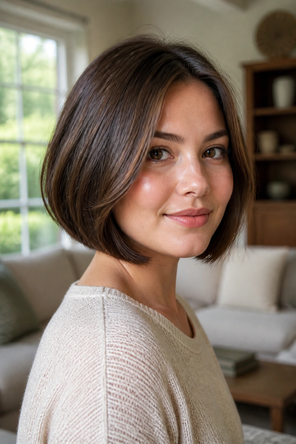 Close-up of a real woman with an A-line bob and cheekbone corners