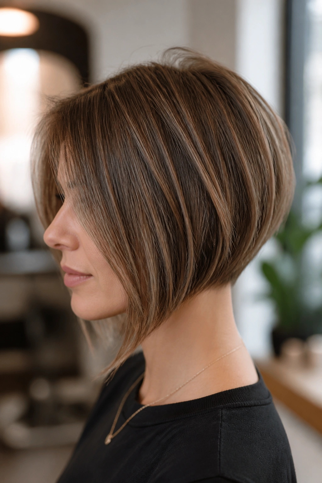 Close-up of a real woman with an A-line bob featuring a clean nape and longer front pieces