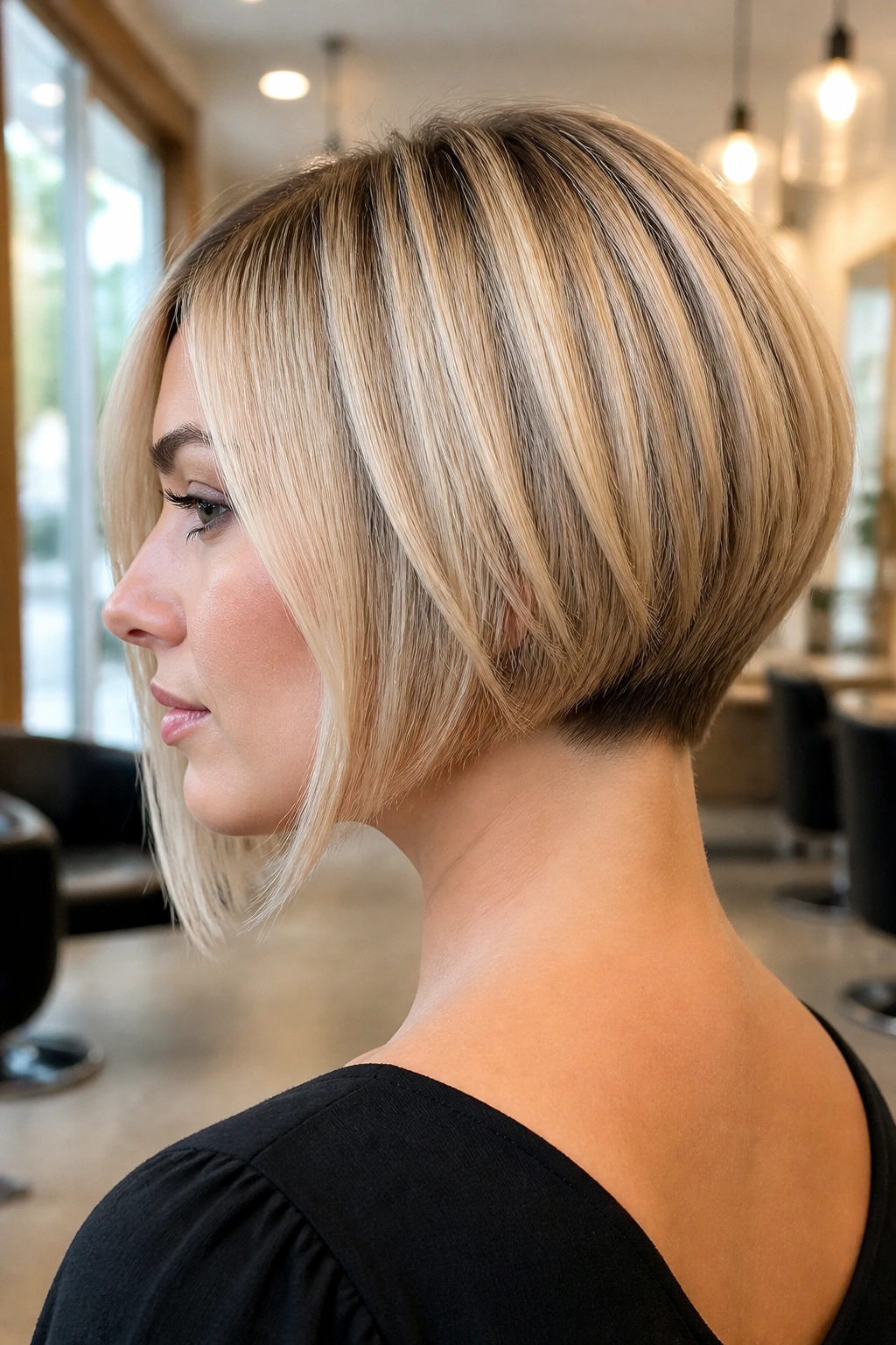 Close-up of a real woman with an A-line bob and a clean nape
