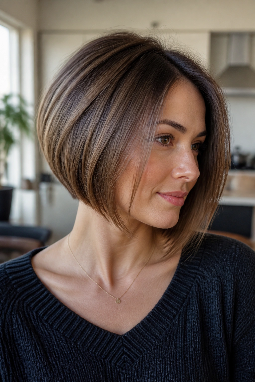 Close-up of a real woman with an A-line bob showing diagonal silhouette.