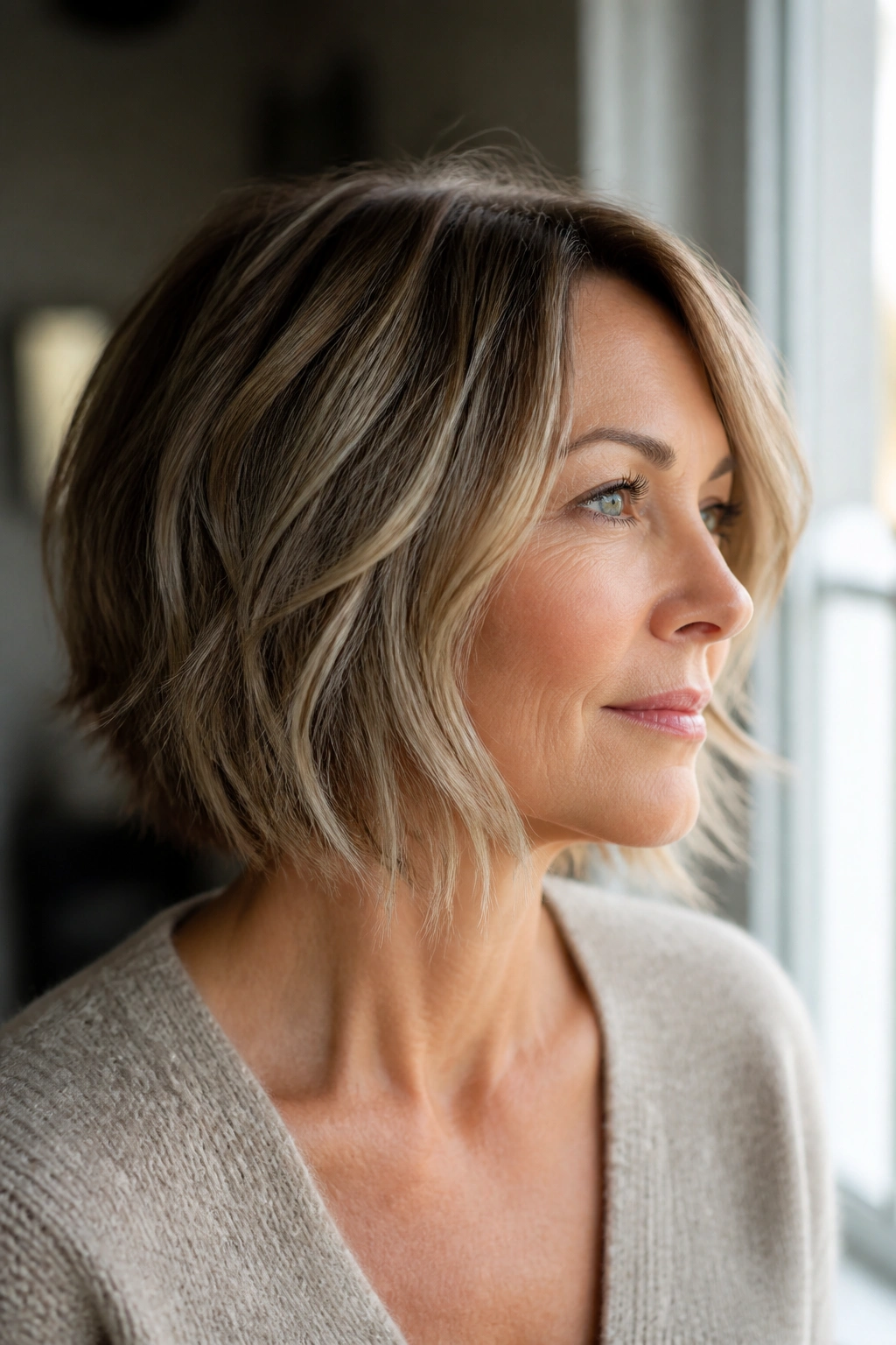 Portrait of a woman with a soft A-line bob and feathered ends