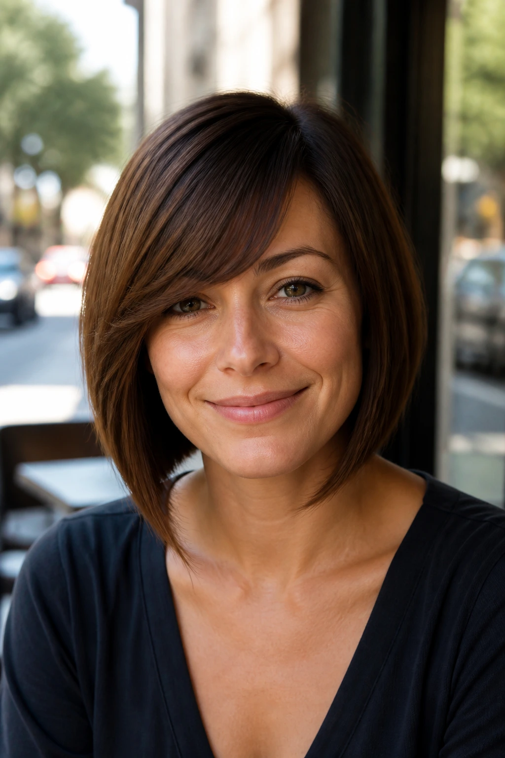 Close-up portrait of a real woman with A-line brown bob and side-swept fringe