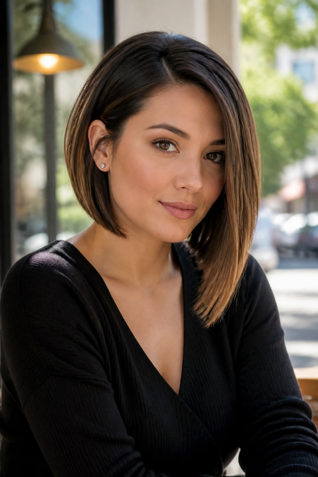 Portrait of a real woman with an A-line bob, front longer than back, showing a subtle tucked behind-ear detail.