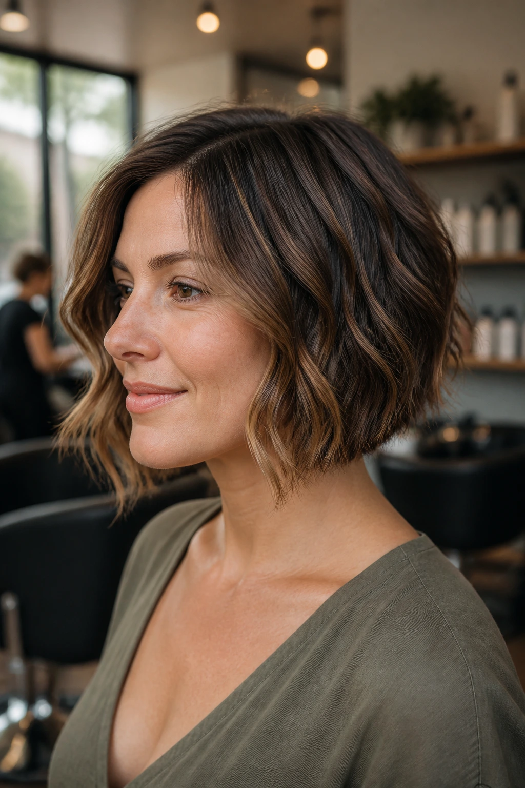 Real woman with softly graduated A-line bob and gentle waves in salon light.