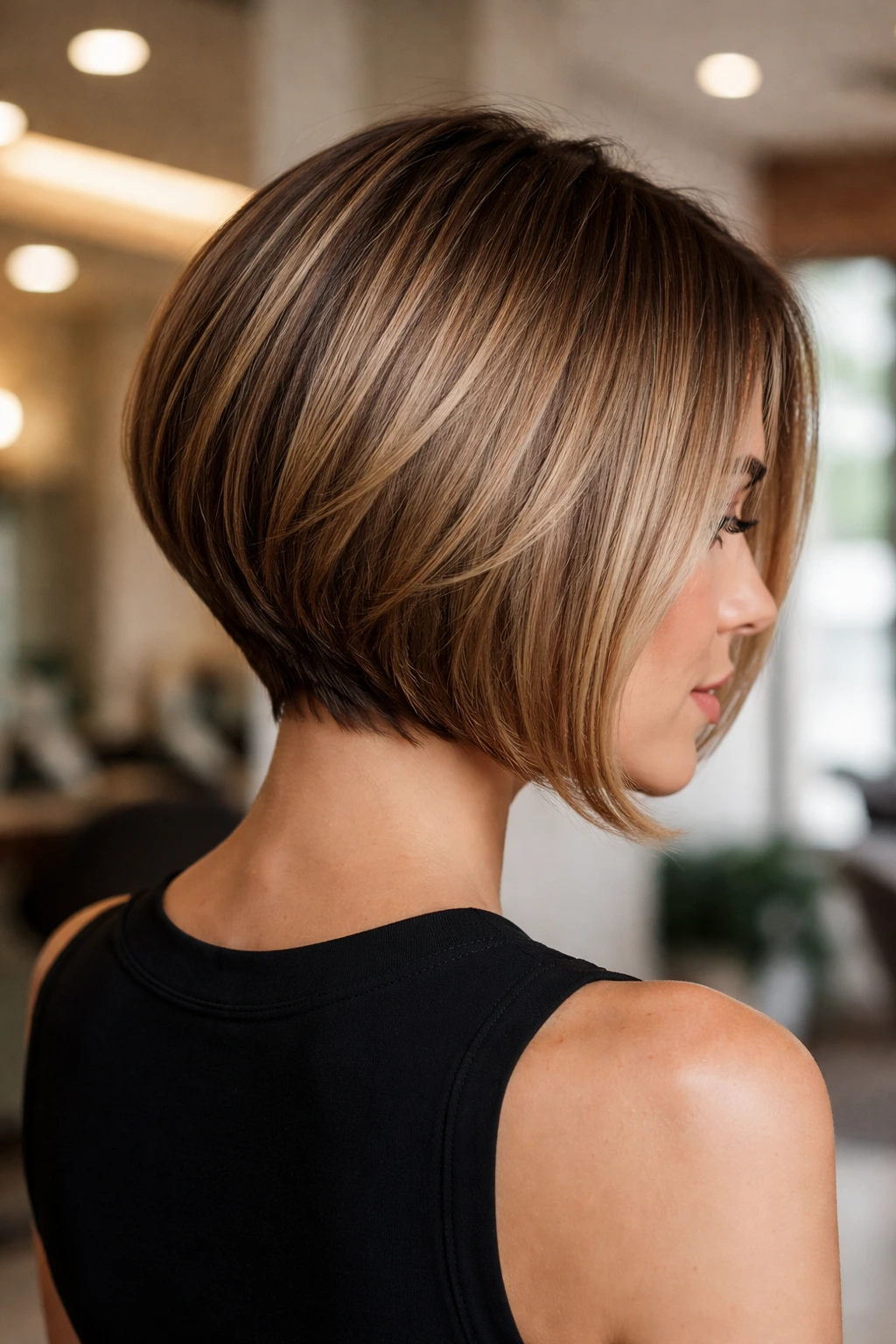 Close-up of a real woman with an A-line bob showing a graduated back and face-framing front