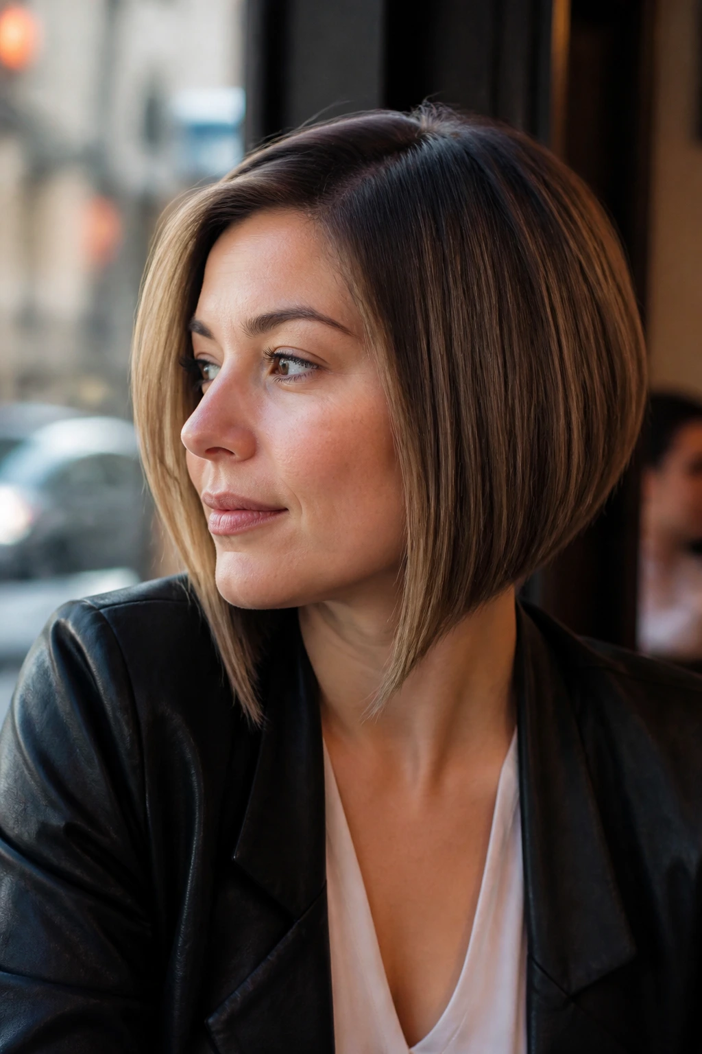 Close-up portrait of a real woman with a graduated A-line bob