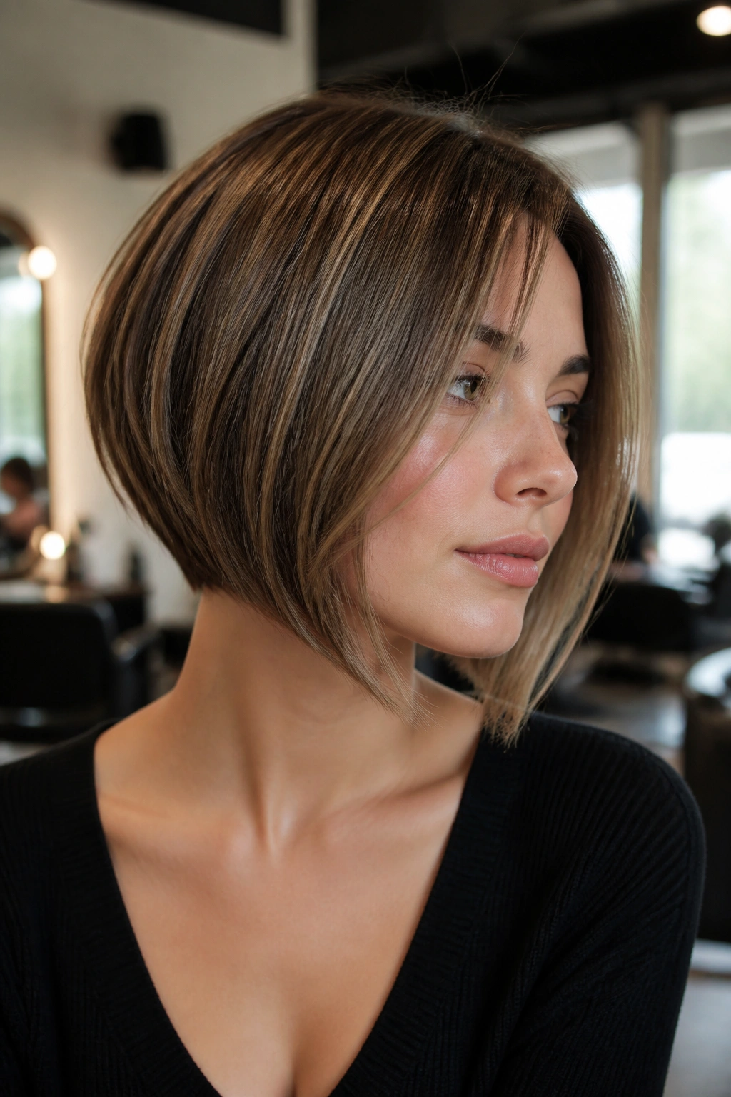 Close-up of a real woman with an A-line bob showing shorter back and longer front