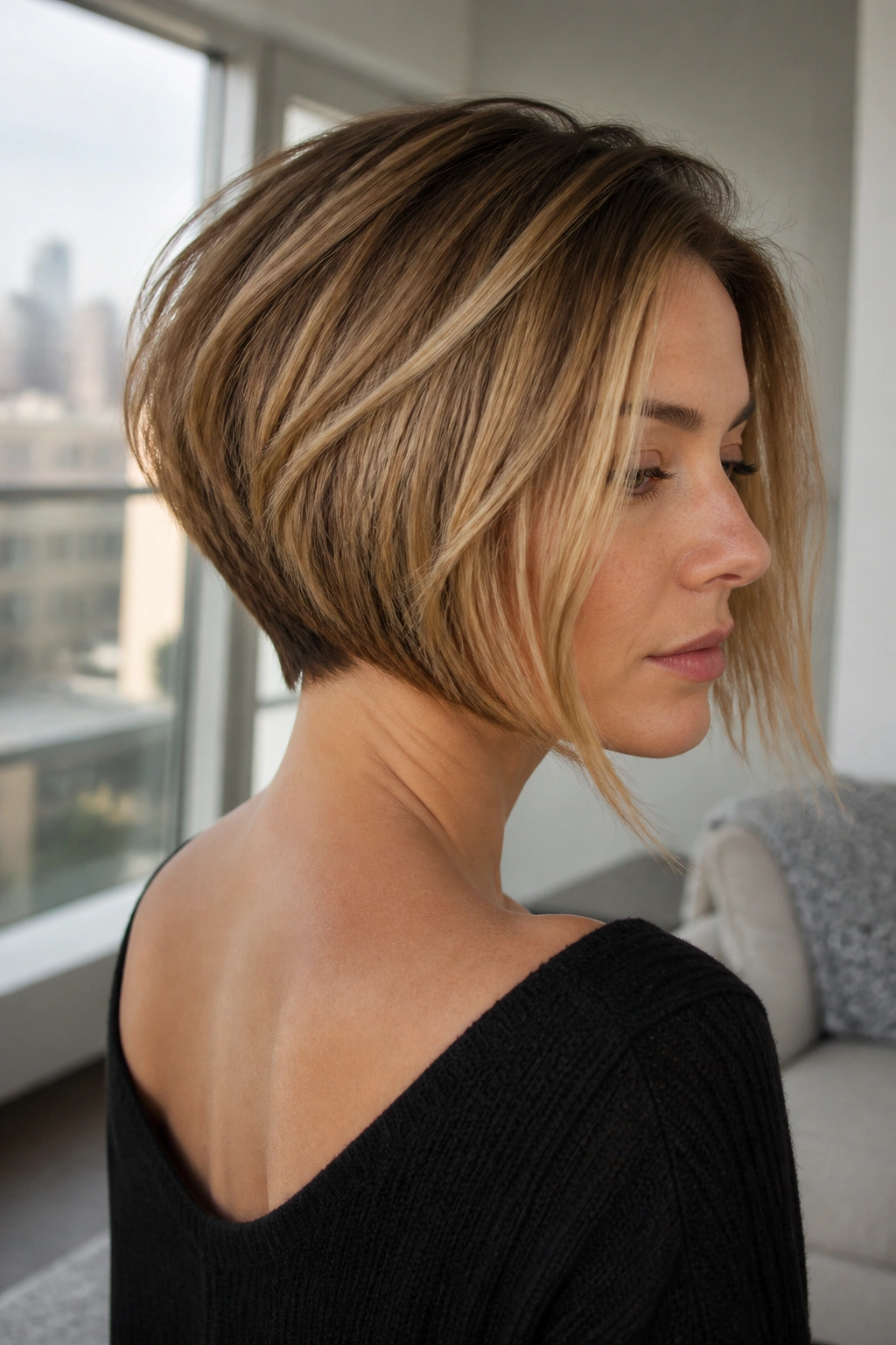 Close-up portrait of a real woman with an A-line bob and lifted back