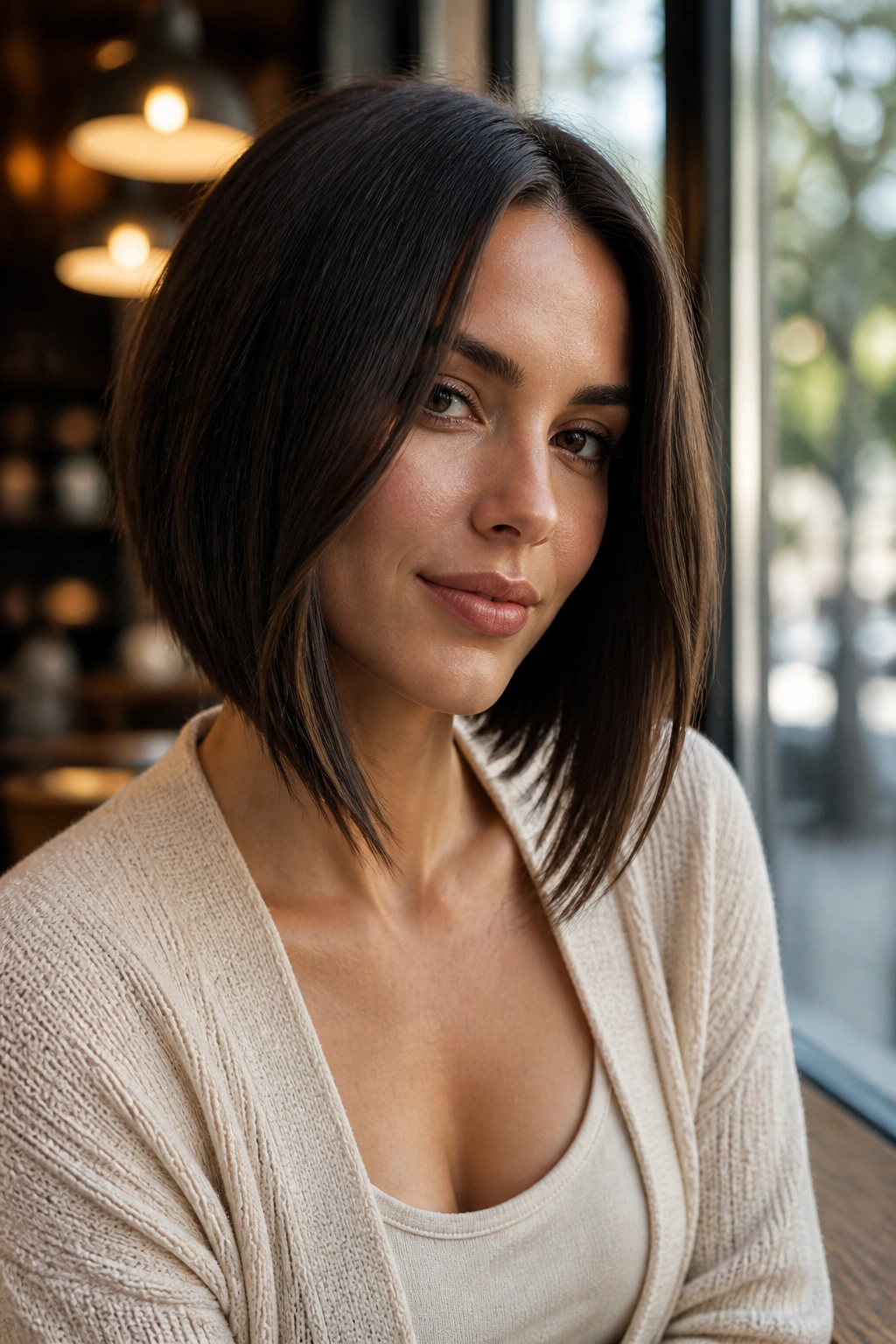 Close-up portrait of a real woman with a soft A-line bob and long front corners.