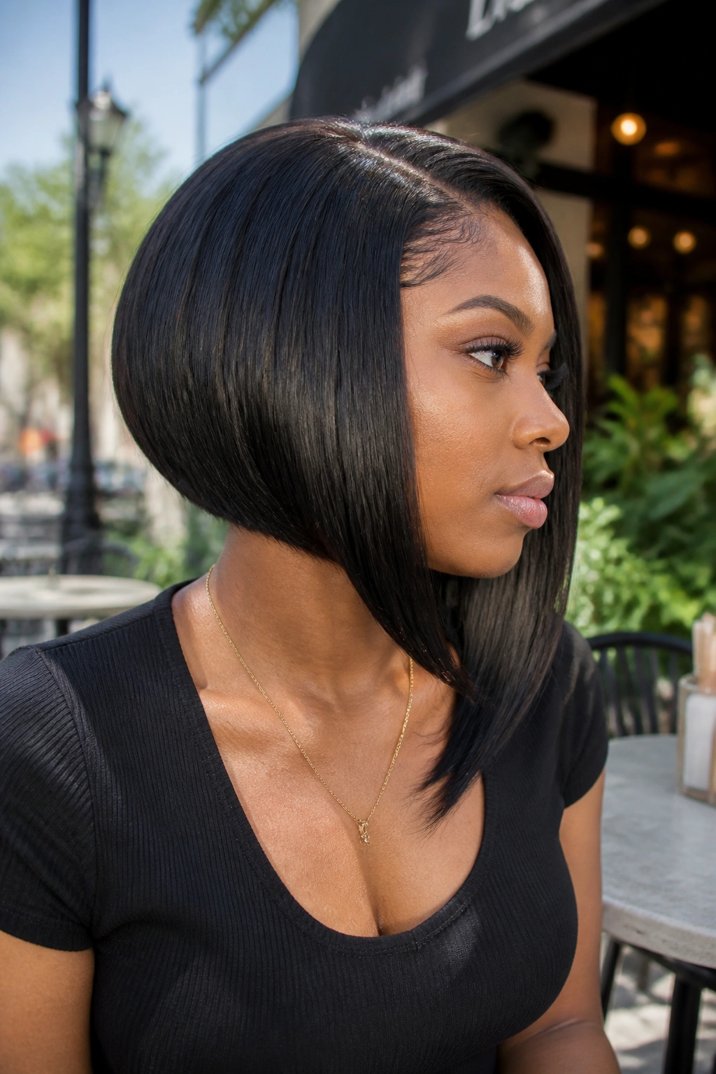 Close-up of a real woman with an A-line bob and longer front pieces