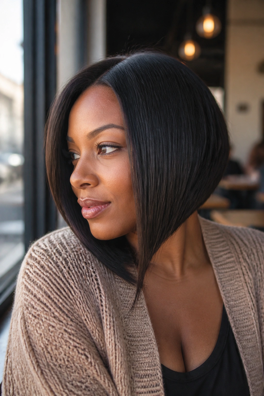 Real woman with A-line bob and longer front