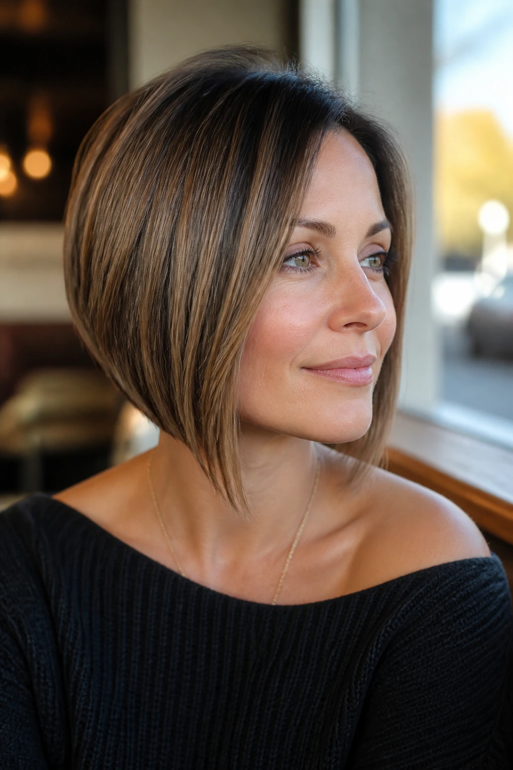 Close-up portrait of a real woman with an A-line bob featuring a higher back and longer front grazing the jaw.