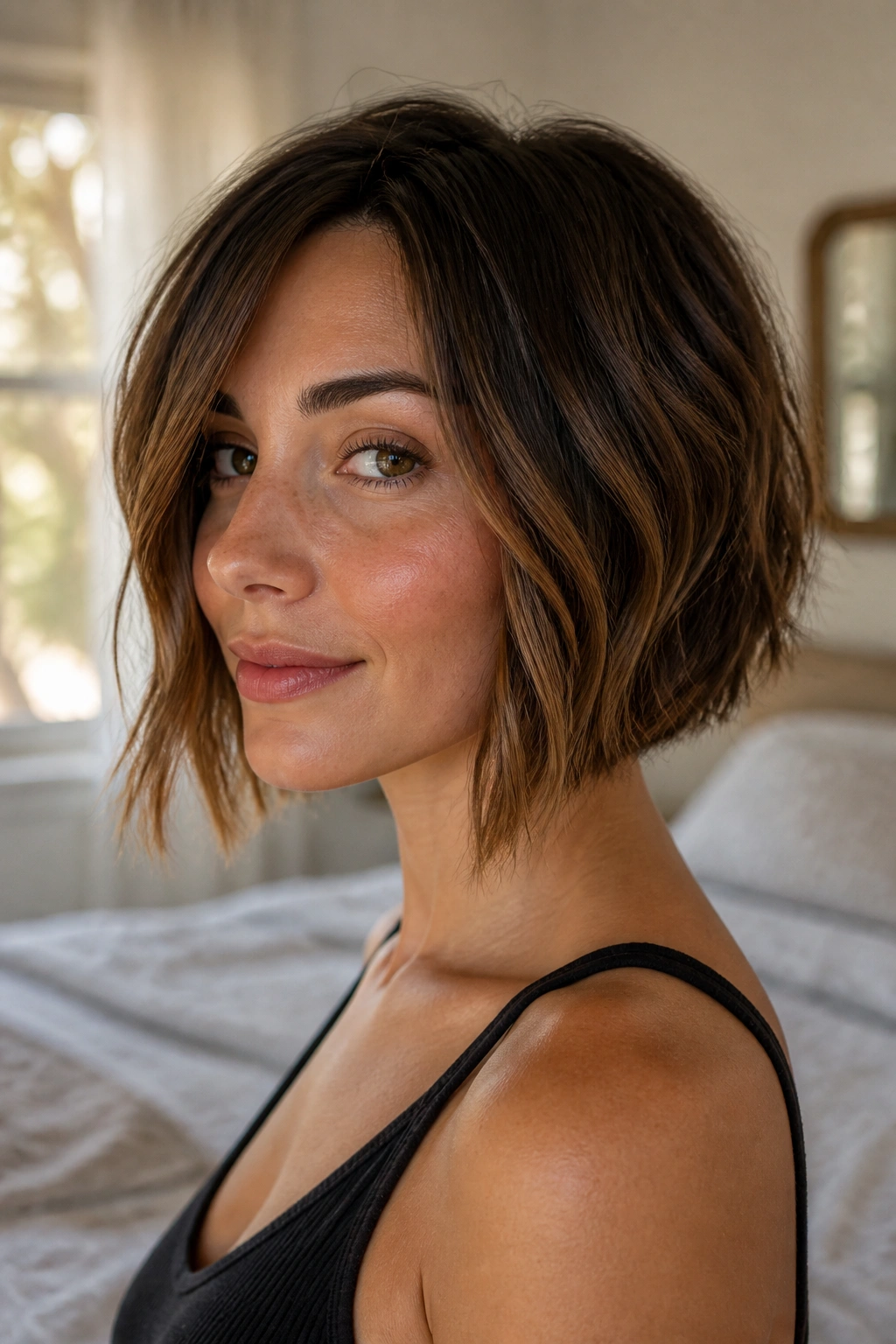 Close-up of a real woman with an A-Line Bob With Longer Front Pieces and soft waves