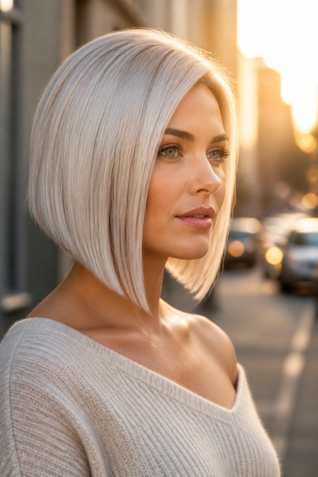 Real woman with sleek A-line bob in golden hour light