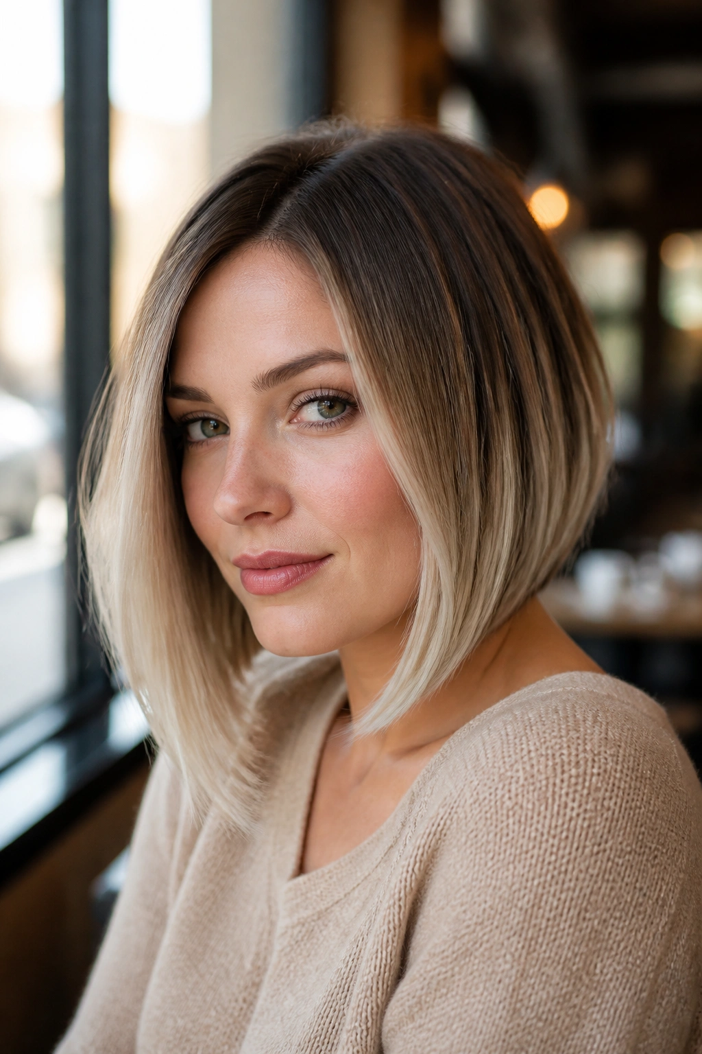 Real woman with an A-line bob that narrows the jawline and platinum ombre