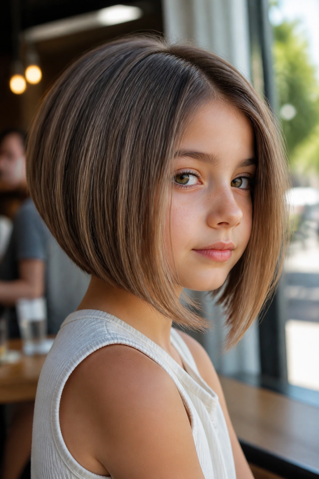 Close-up of a girl with an A-line bob, front longer than the back, in a sunlit cafe.