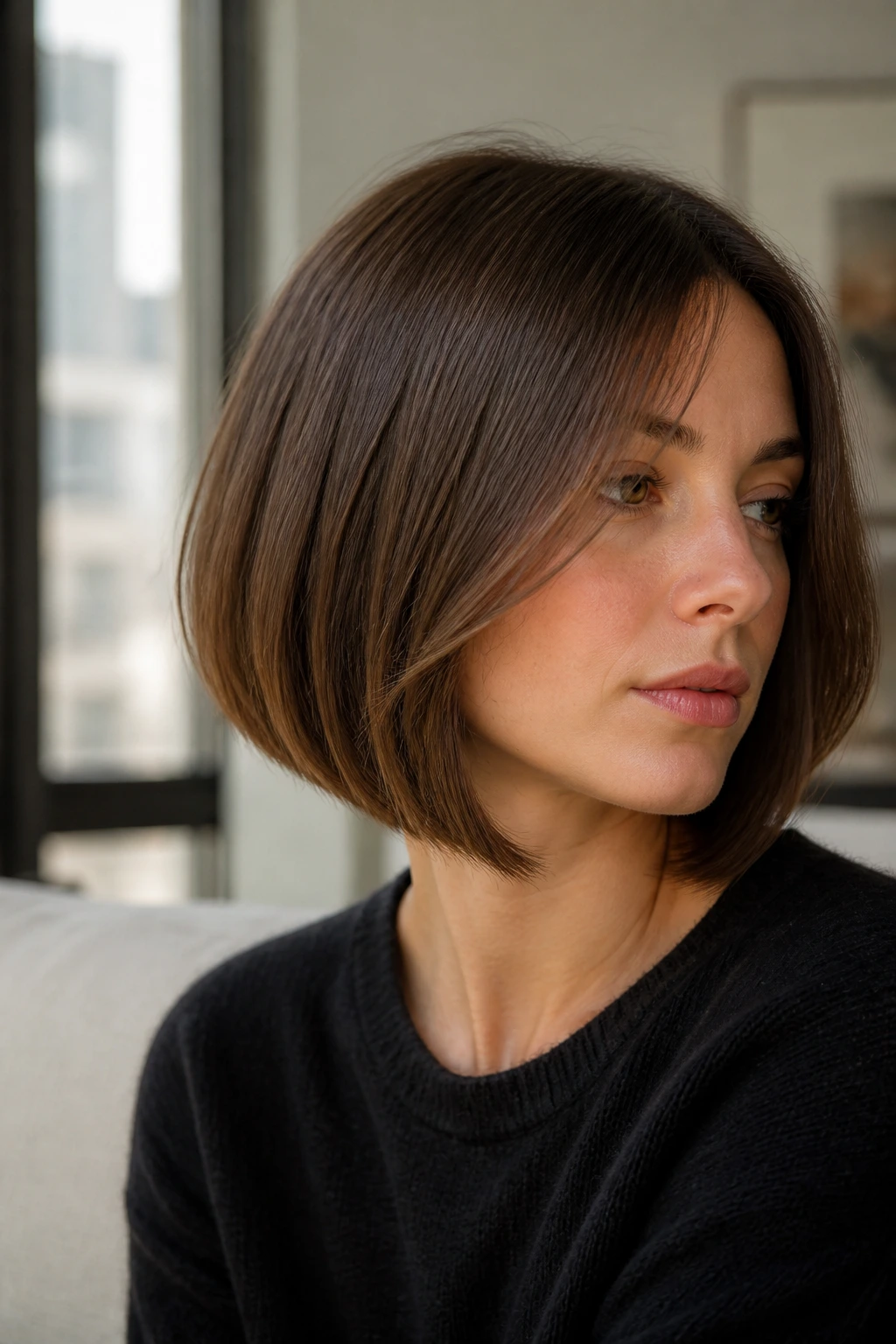 Close-up portrait of a real woman with a subtle A-line French bob under natural daylight