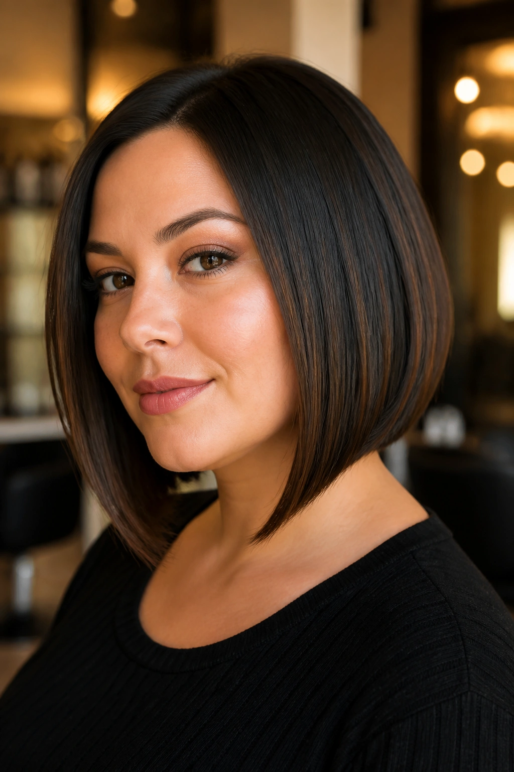 Slightly angled A-line bob on real woman, front angled, three-quarter view.