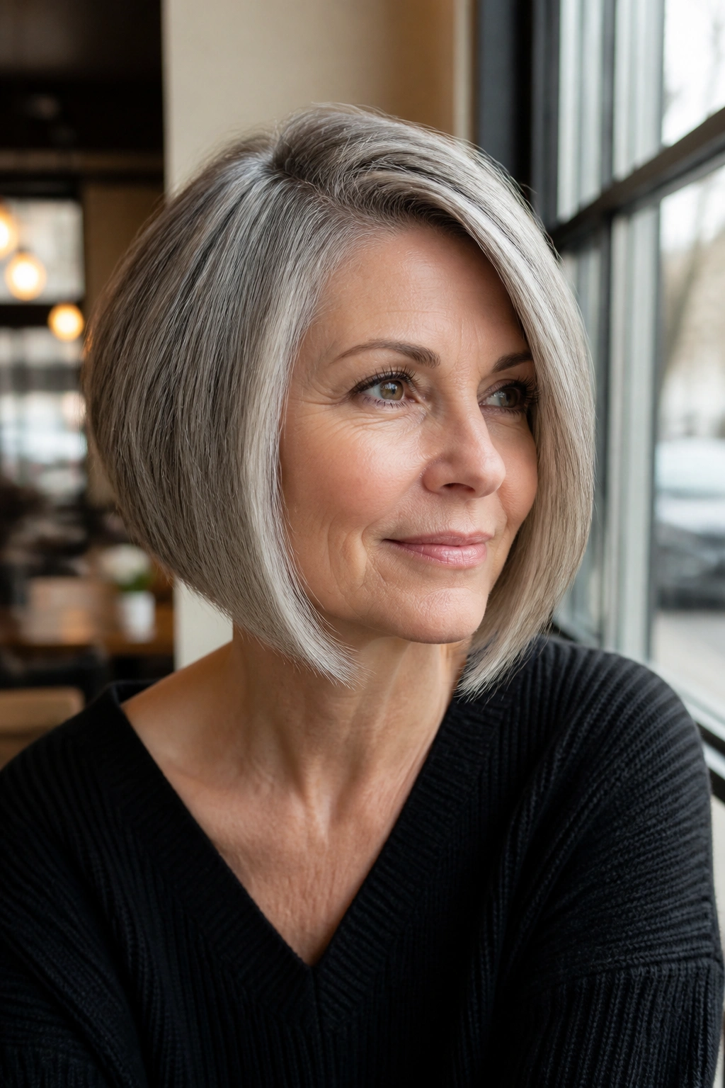 Close-up portrait of a real woman with a side-parted A-line bob.