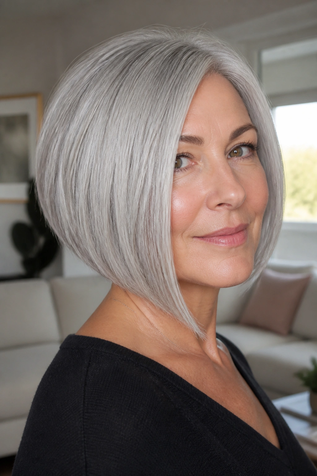 Portrait of a real woman with an A-line silver bob and diagonal front-to-back silhouette.