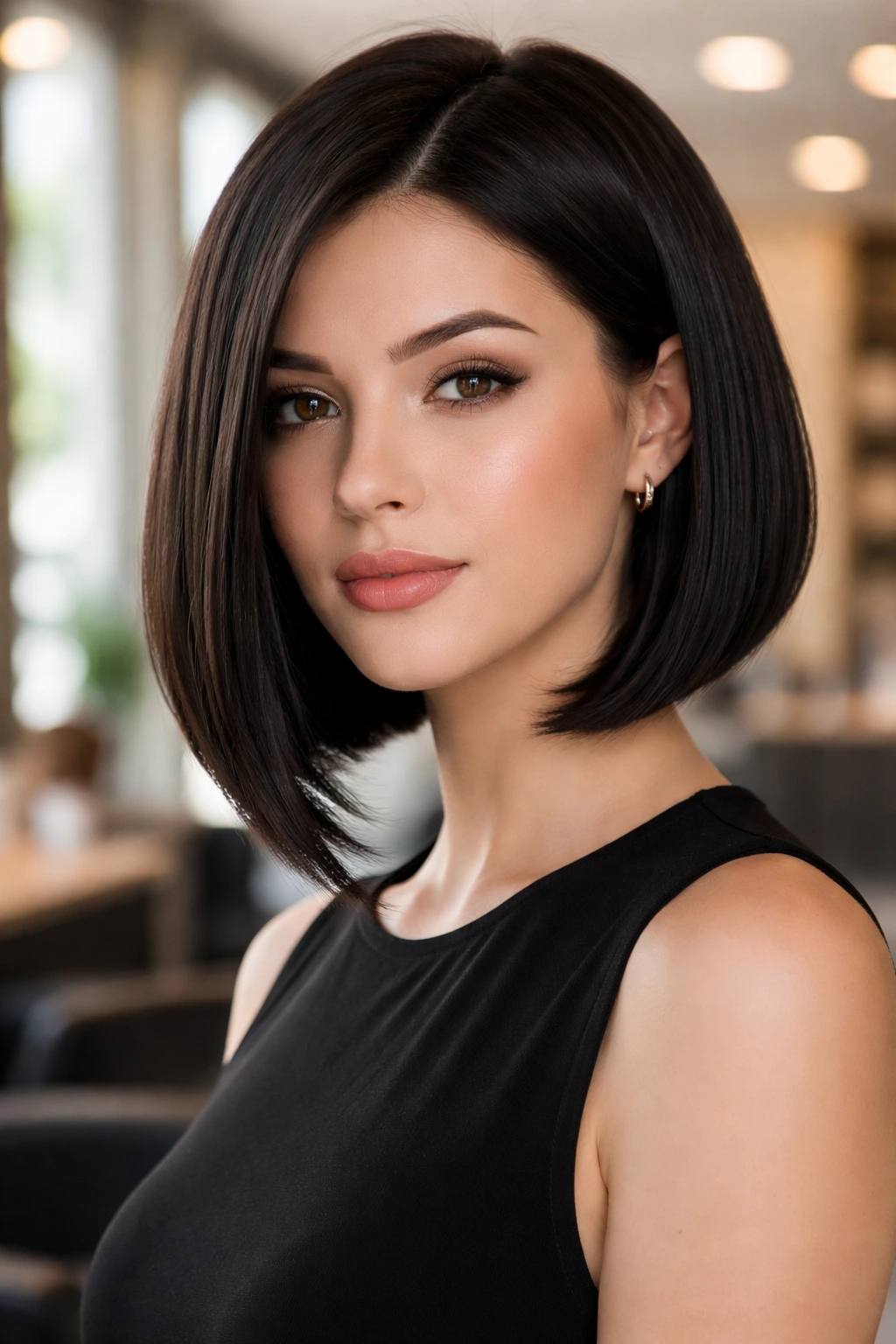 Close-up of a real woman with a sharp A-line bob and longer front pieces