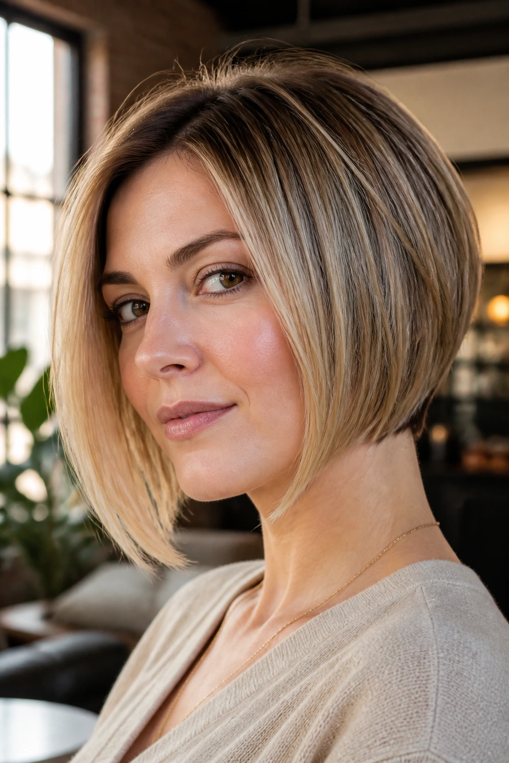 Portrait of a real woman with an A-line bob tapering at the back