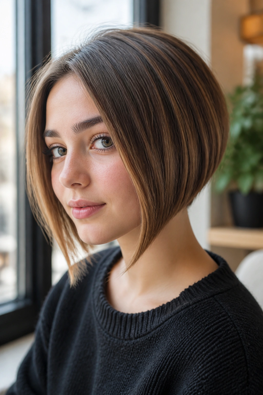 Close-up portrait of a girl with A-line bob and tapered front