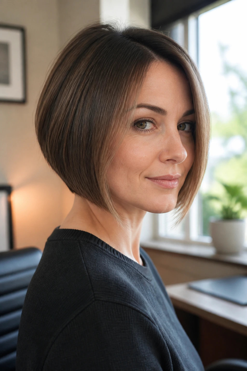 Real person with an A-line bob and tapered nape, close-up portrait.