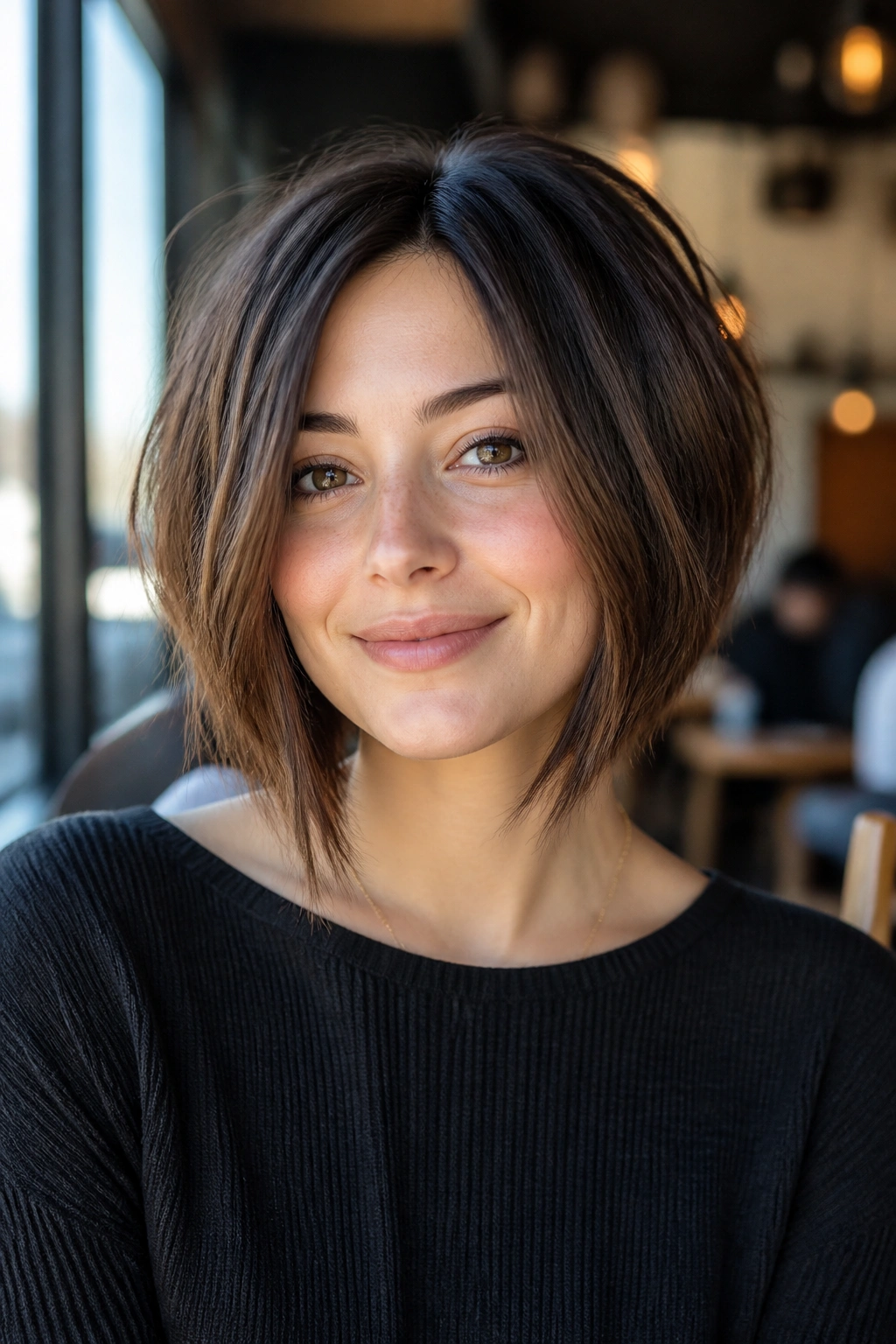 Portrait of a person with A-line textured bob and chin-skimming front pieces in daylight
