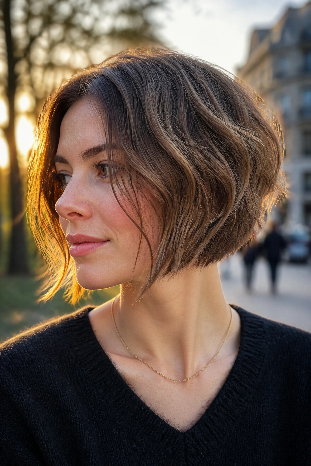 Portrait of a real woman with tousled A-line bob and soft waves