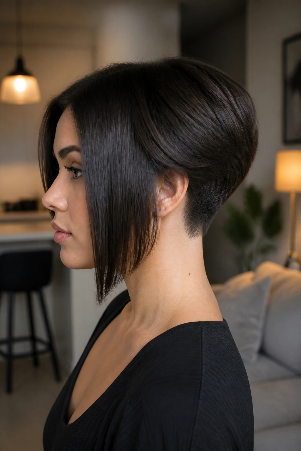 Portrait of a real woman with an A-line bob and hidden undercut.
