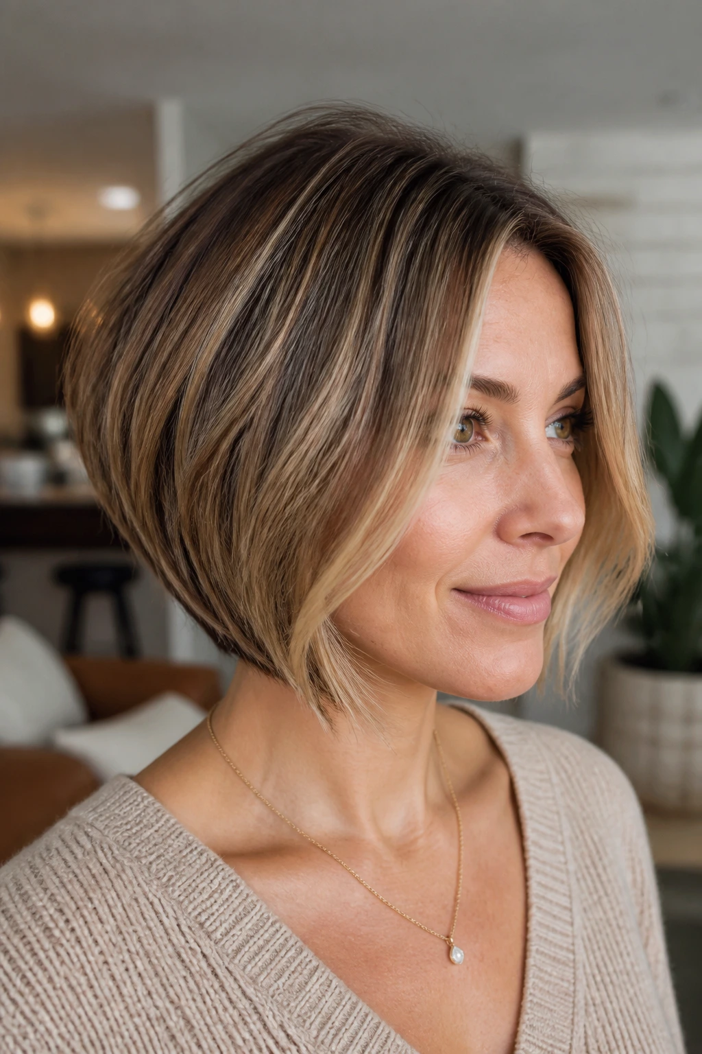 Close-up of a real woman showing an A-line bob with longer front and shorter back