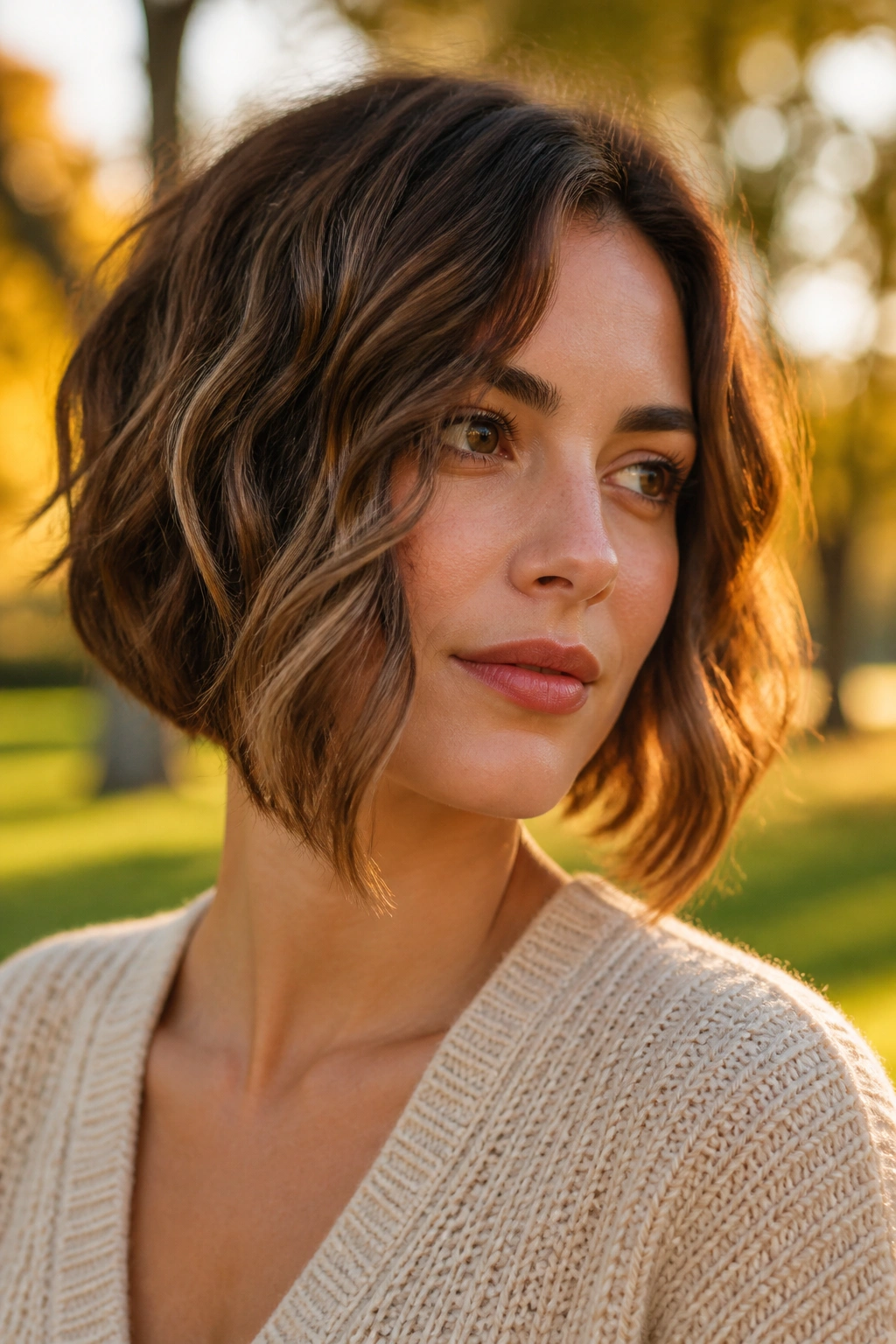 Portrait of a woman with an A-line bob in golden hour park light
