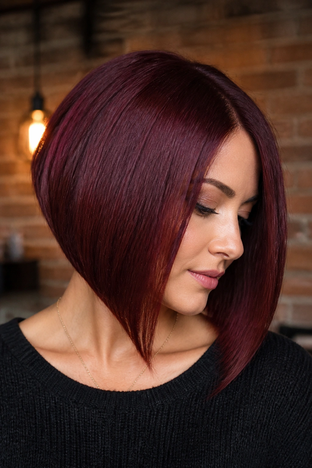 Close-up of a real woman with A-line burgundy bob and longer front
