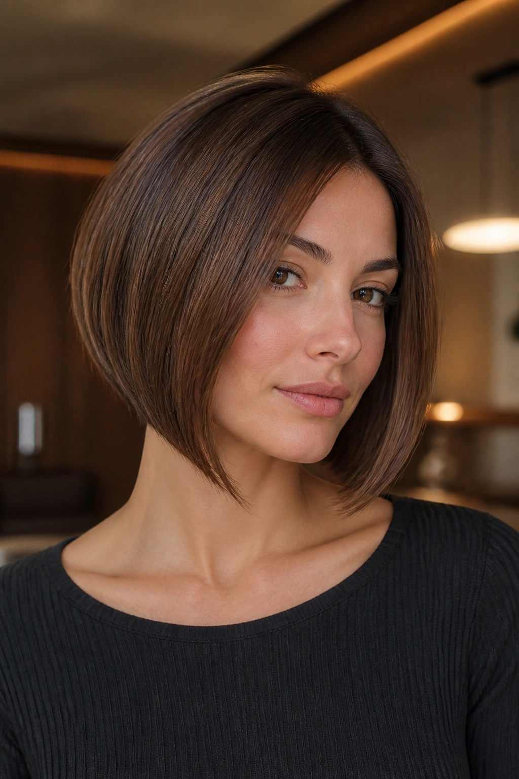 Portrait of brunette with soft A-line chestnut bob in warm indoor light