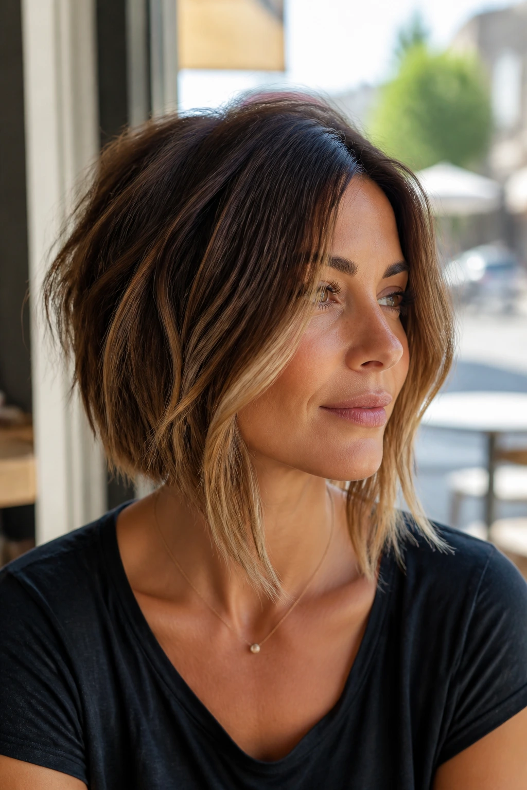 Close-up portrait of a real woman with an A-line choppy bob showing longer front pieces