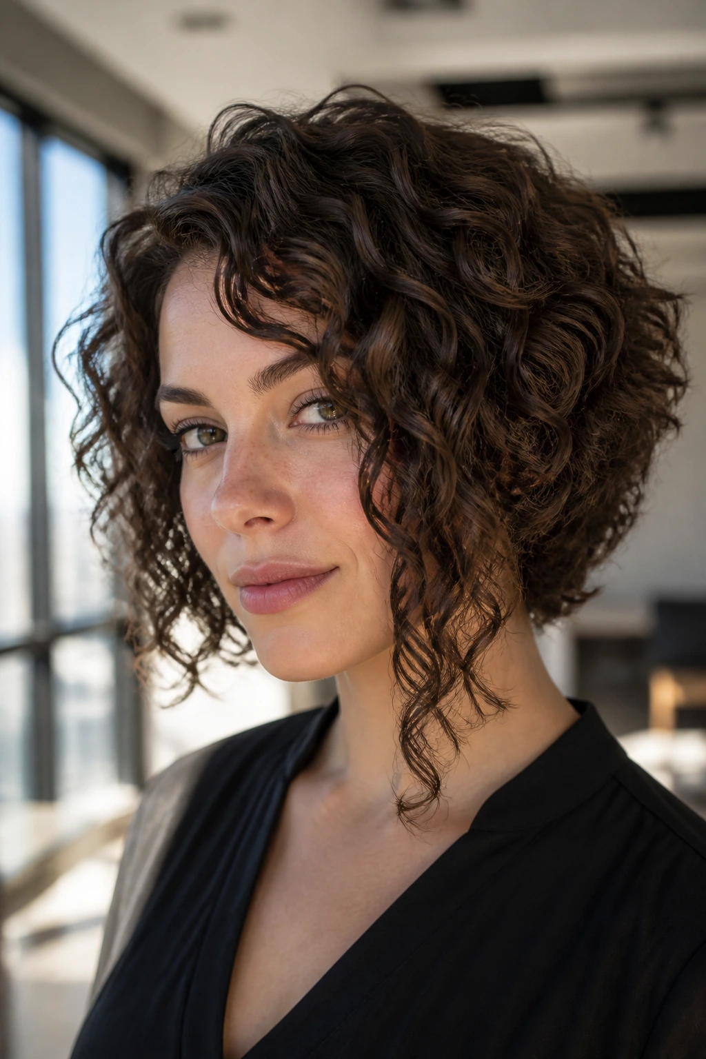 Portrait of a real person with an A-line curly bob and long front panels