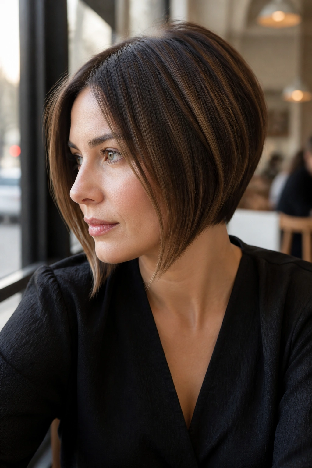 Profile close-up of a real woman with an A-line French bob and a gentle slope.